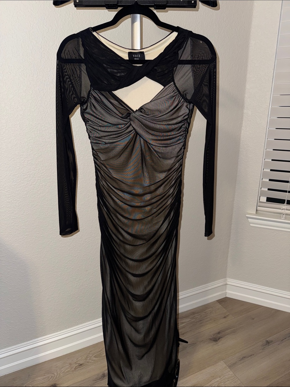 VICI Black Sheer Ruched Long Sleeve Twist Maxi Dress